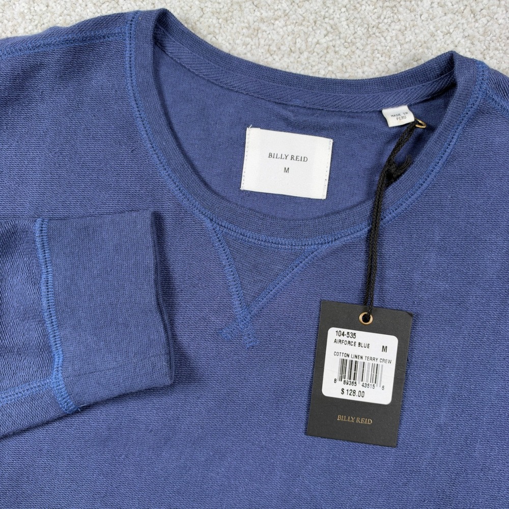 NEW Billy Reid Terry Crew Men M Airforce Blue Cotton Linen Sweatshirt 104-535